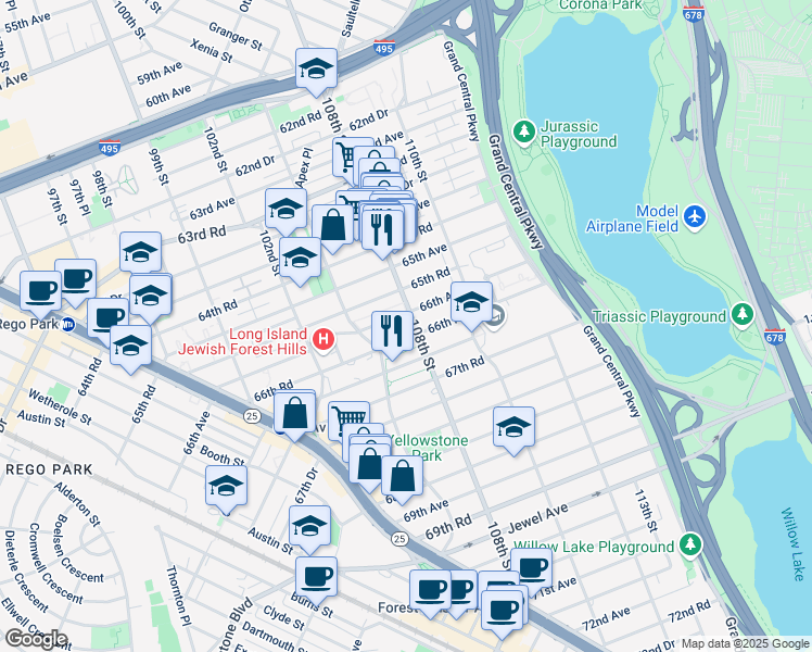 map of restaurants, bars, coffee shops, grocery stores, and more near 66-20 108th Street in Queens