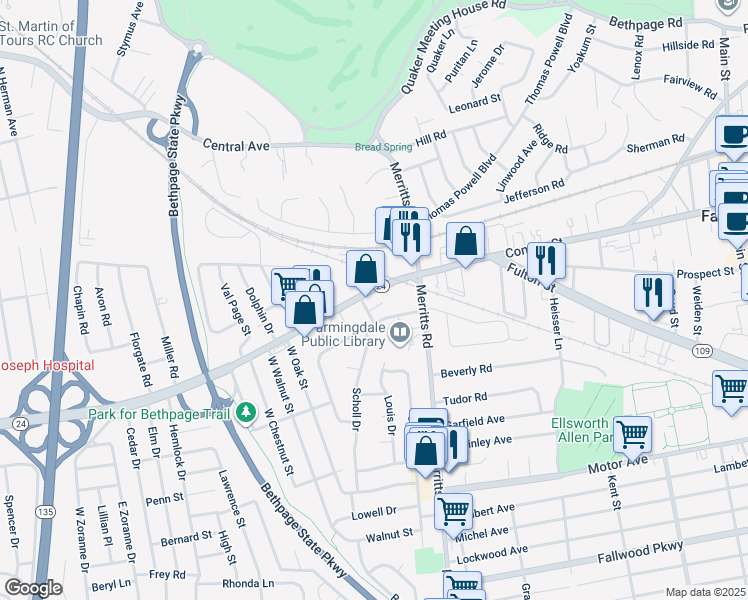 map of restaurants, bars, coffee shops, grocery stores, and more near 15 Colonial Drive in Farmingdale