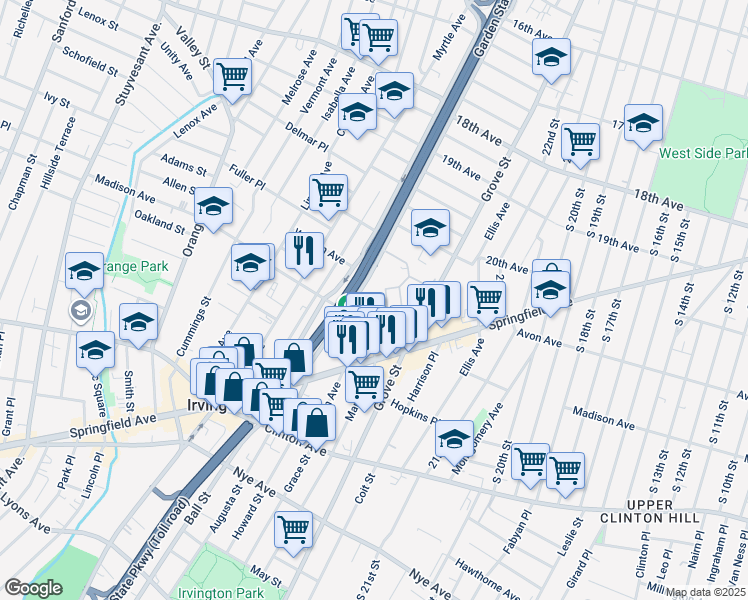 map of restaurants, bars, coffee shops, grocery stores, and more near 18 Marshall Street in Irvington