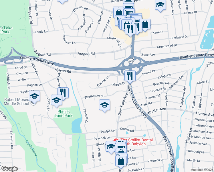 map of restaurants, bars, coffee shops, grocery stores, and more near 40 Magro Drive in North Babylon