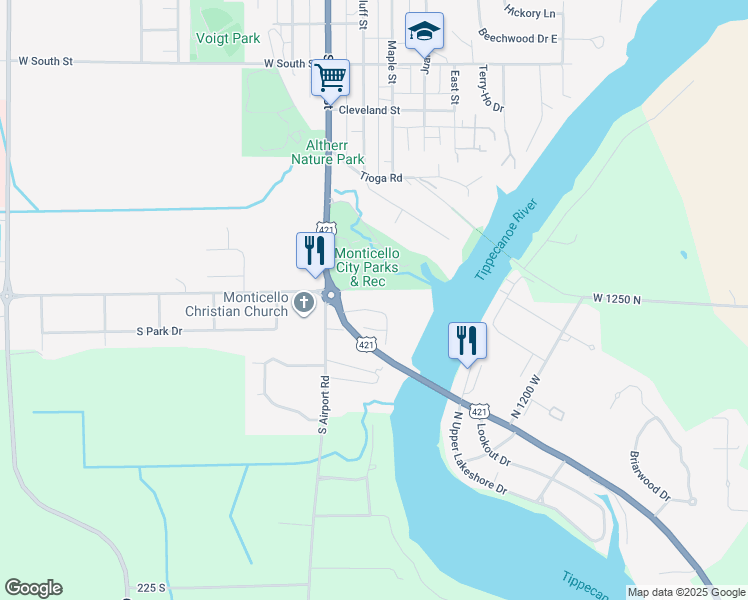 map of restaurants, bars, coffee shops, grocery stores, and more near 101-399 Oak Drive in Monticello