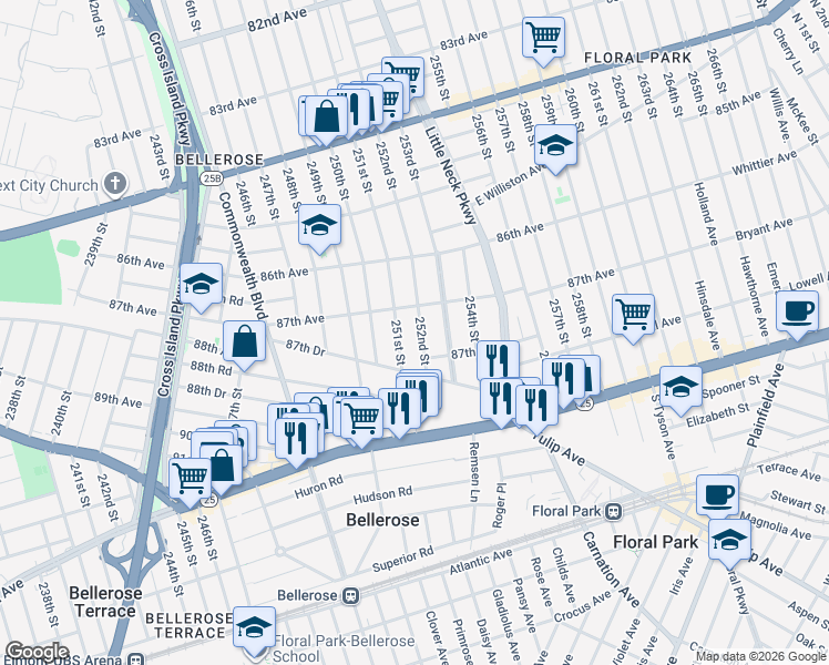 map of restaurants, bars, coffee shops, grocery stores, and more near 87-37 251st Street in Queens