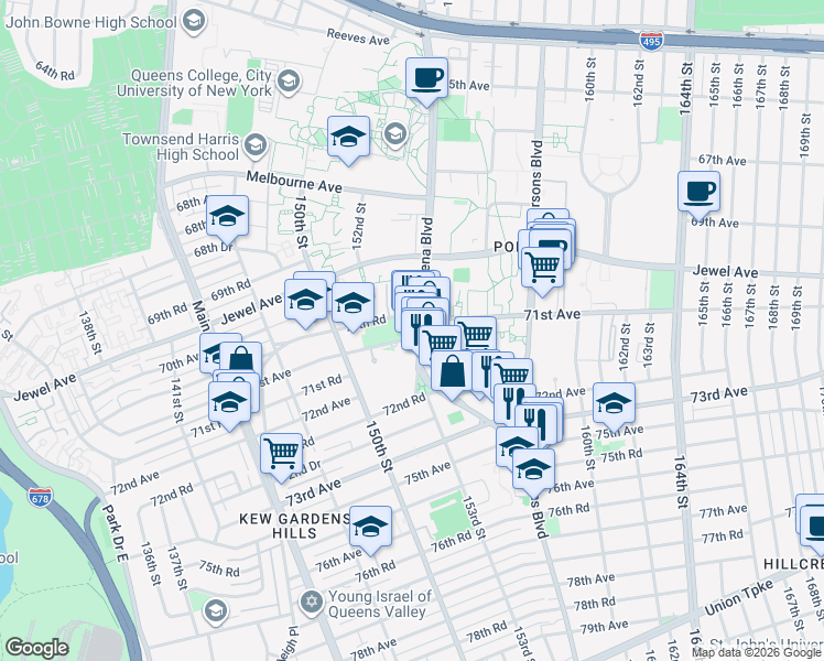 map of restaurants, bars, coffee shops, grocery stores, and more near 71-33 Kissena Boulevard in Queens