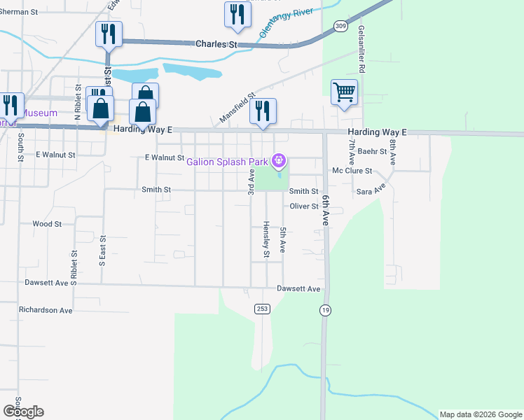 map of restaurants, bars, coffee shops, grocery stores, and more near 316 Hensley Street in Galion