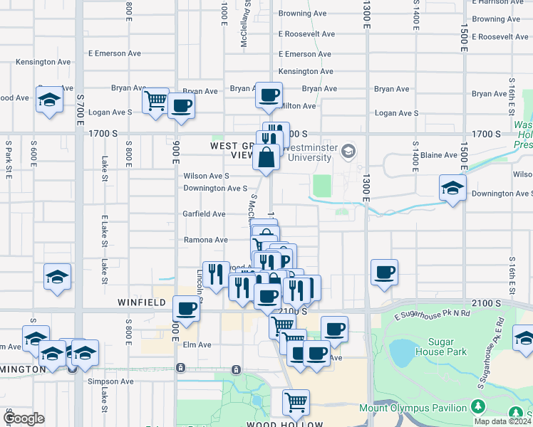 map of restaurants, bars, coffee shops, grocery stores, and more near 1848 South 1100 East in Salt Lake City