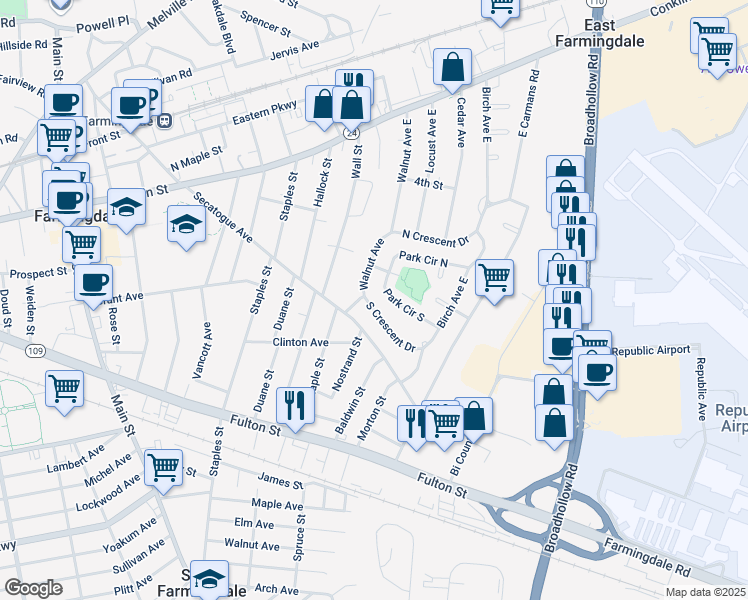map of restaurants, bars, coffee shops, grocery stores, and more near 51 South Crescent Drive in Farmingdale