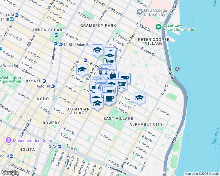 map of restaurants, bars, coffee shops, grocery stores, and more near 411 East 12th Street in New York