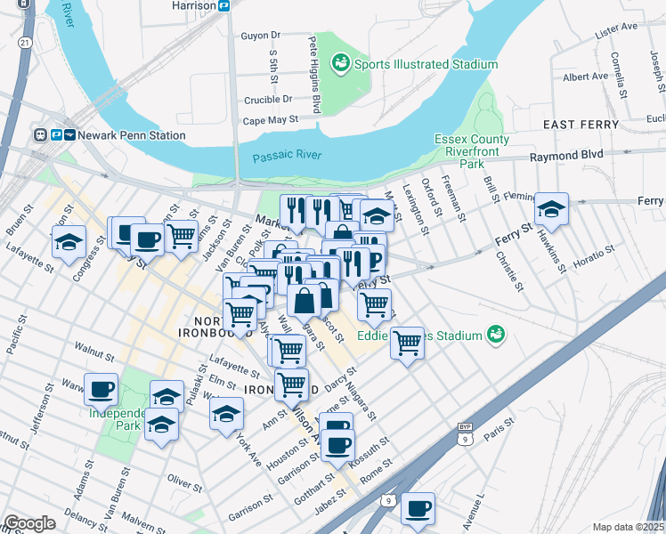 map of restaurants, bars, coffee shops, grocery stores, and more near 82 Somme Street in Newark