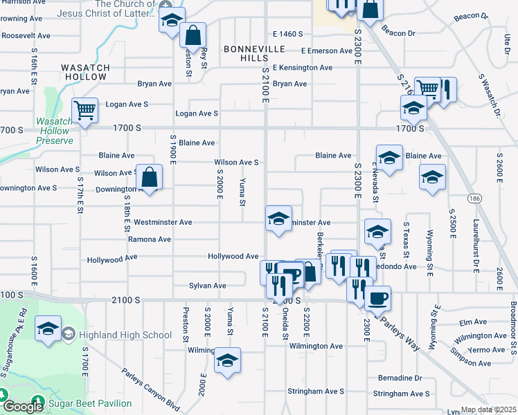 map of restaurants, bars, coffee shops, grocery stores, and more near 1880 South 2100 East in Salt Lake City