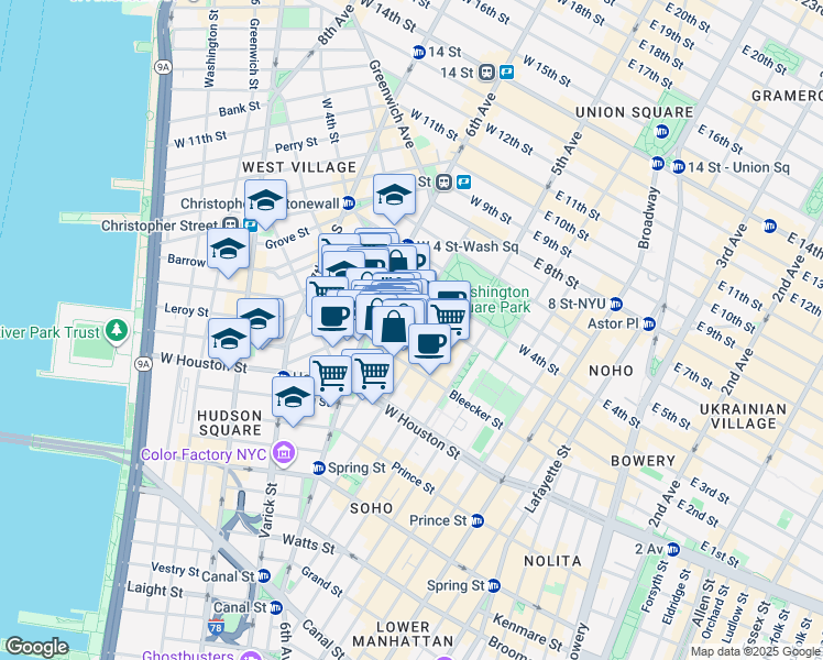 map of restaurants, bars, coffee shops, grocery stores, and more near 122 MacDougal Street in New York