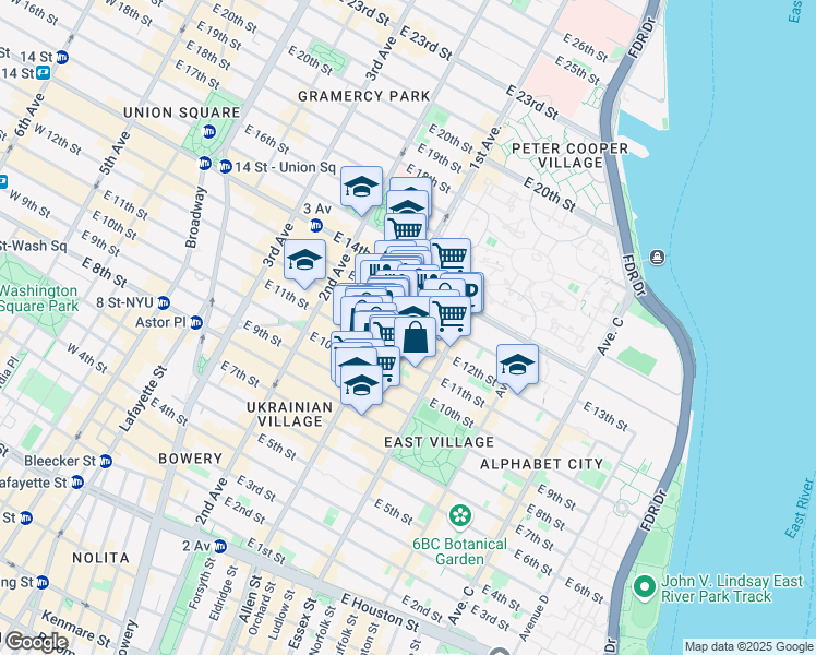 map of restaurants, bars, coffee shops, grocery stores, and more near 411 East 12th Street in New York