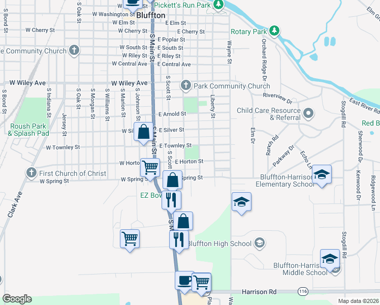 map of restaurants, bars, coffee shops, grocery stores, and more near 1001 South Bennett Street in Bluffton