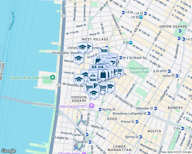 map of restaurants, bars, coffee shops, grocery stores, and more near 63 Carmine Street in New York