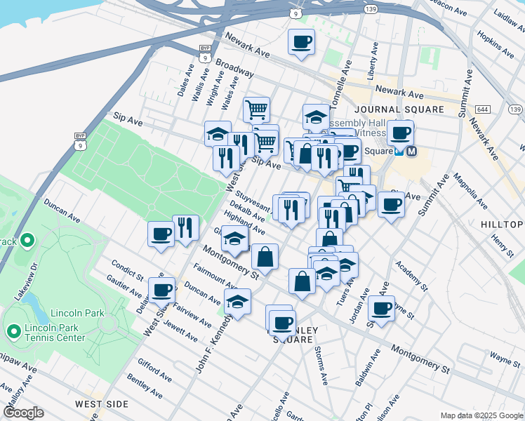 map of restaurants, bars, coffee shops, grocery stores, and more near 98 Dekalb Avenue in Jersey City