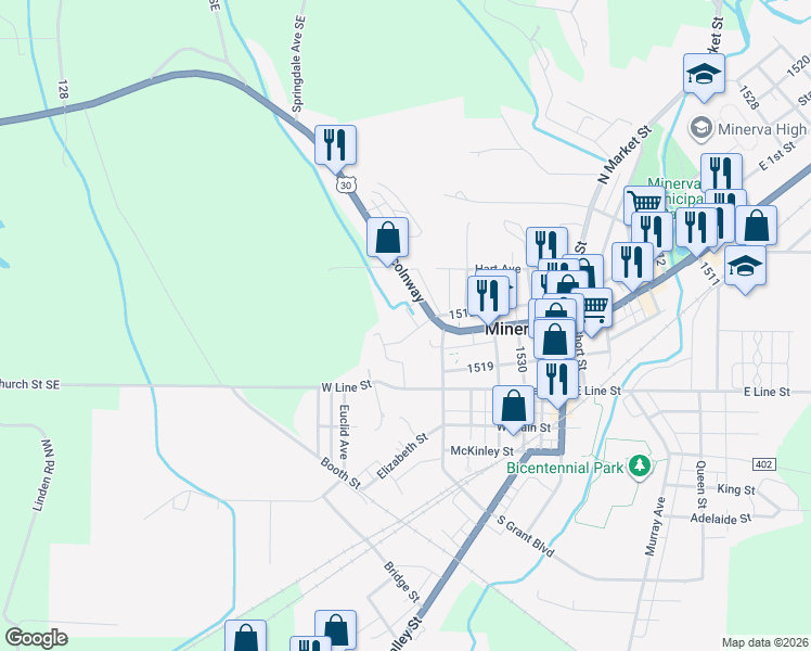 map of restaurants, bars, coffee shops, grocery stores, and more near 611 Chestnut Street West in Minerva