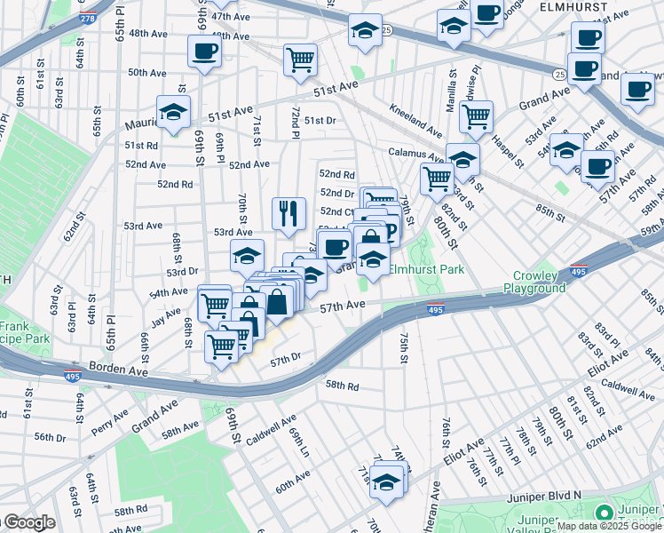 map of restaurants, bars, coffee shops, grocery stores, and more near 7343 Grand Avenue in Queens