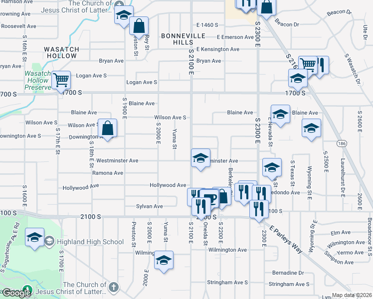 map of restaurants, bars, coffee shops, grocery stores, and more near 1880 South 2100 East in Salt Lake City