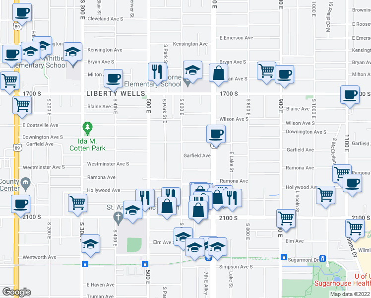 map of restaurants, bars, coffee shops, grocery stores, and more near 629 East Garfield Avenue in Salt Lake City
