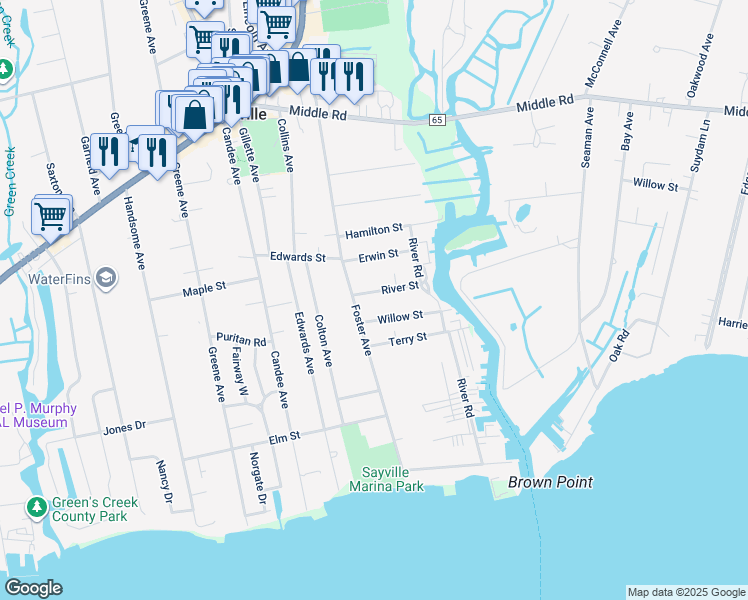 map of restaurants, bars, coffee shops, grocery stores, and more near 239 Foster Avenue in Sayville