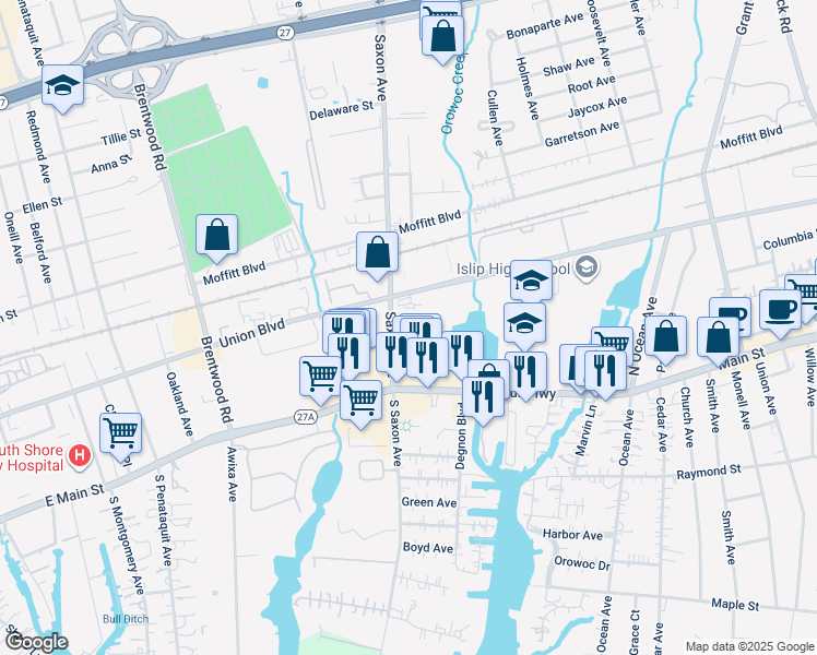 map of restaurants, bars, coffee shops, grocery stores, and more near 16 Saxon Avenue in Bay Shore