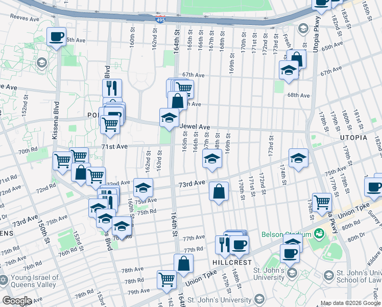 map of restaurants, bars, coffee shops, grocery stores, and more near 71-33 166th Street in Queens