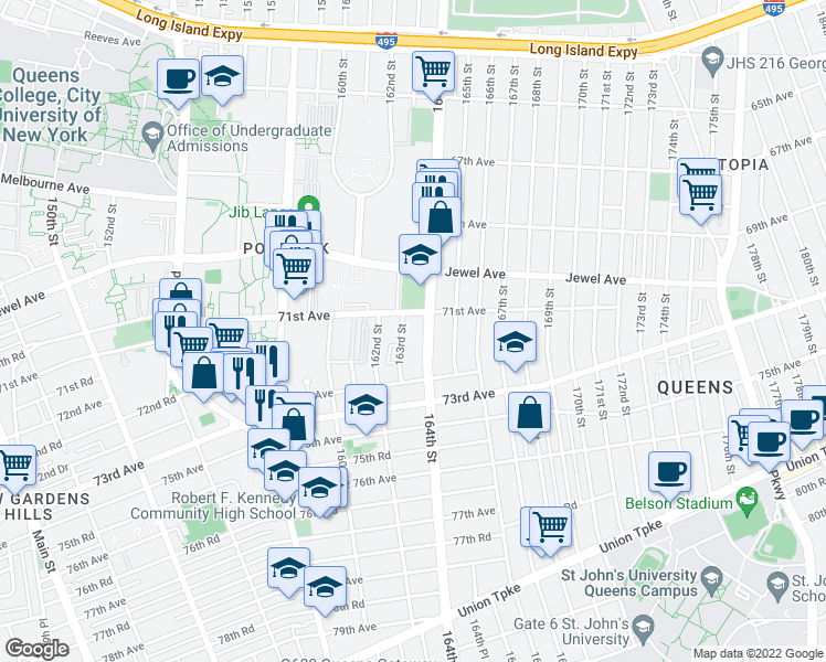 map of restaurants, bars, coffee shops, grocery stores, and more near 71-25 163rd Street in Queens