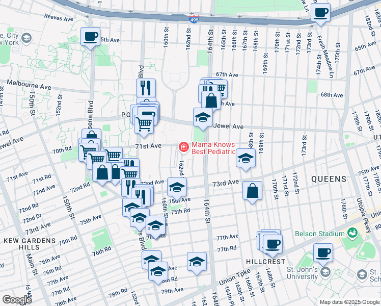 map of restaurants, bars, coffee shops, grocery stores, and more near 71-25 163rd Street in Queens