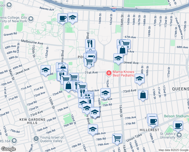 map of restaurants, bars, coffee shops, grocery stores, and more near 71-27 Park Avenue in Queens
