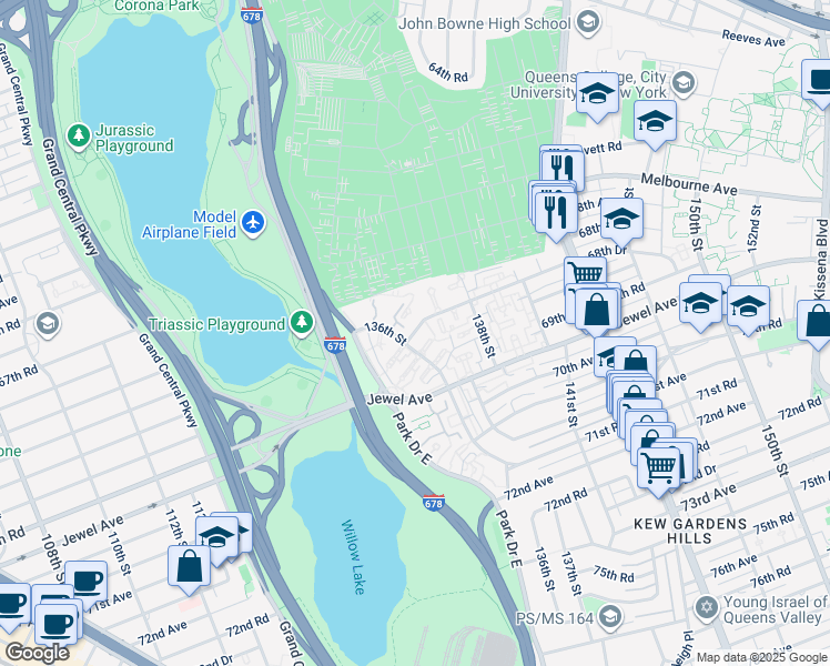 map of restaurants, bars, coffee shops, grocery stores, and more near 68-61 136th Street in Queens