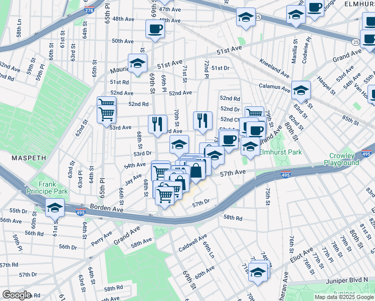 map of restaurants, bars, coffee shops, grocery stores, and more near 54-05 71st Street in Queens