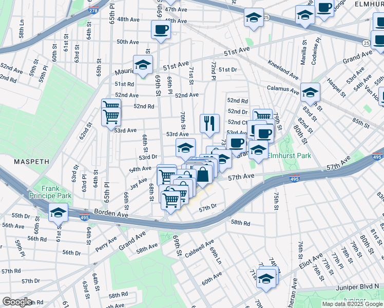 map of restaurants, bars, coffee shops, grocery stores, and more near 54-05 71st Street in Queens