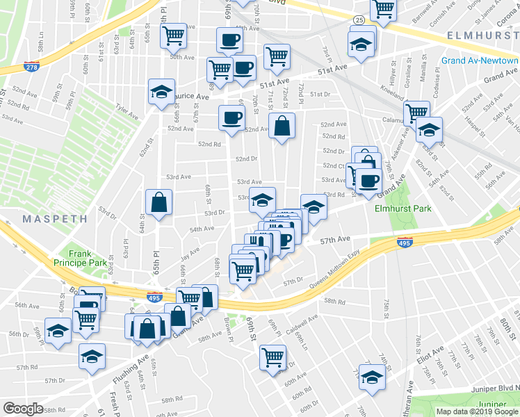 map of restaurants, bars, coffee shops, grocery stores, and more near 69-30 53rd Drive in Queens