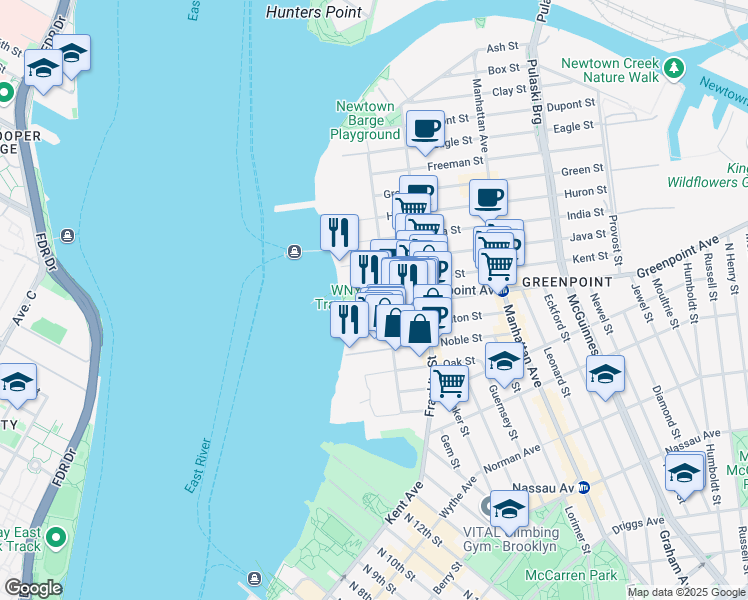 map of restaurants, bars, coffee shops, grocery stores, and more near 2 Greenpoint Avenue in Brooklyn