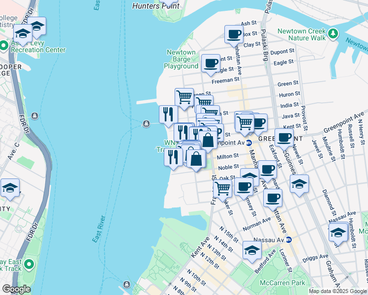 map of restaurants, bars, coffee shops, grocery stores, and more near 2 Greenpoint Avenue in Brooklyn