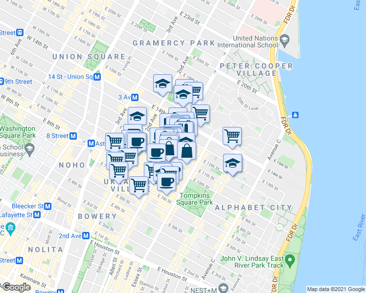 map of restaurants, bars, coffee shops, grocery stores, and more near 200 1st Avenue in New York