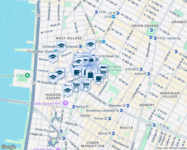 map of restaurants, bars, coffee shops, grocery stores, and more near 190 Bleecker Street in New York