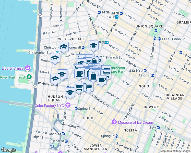 map of restaurants, bars, coffee shops, grocery stores, and more near 190 Bleecker Street in New York