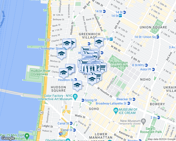 map of restaurants, bars, coffee shops, grocery stores, and more near 1 Minetta Street in New York
