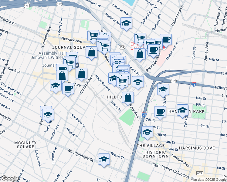 map of restaurants, bars, coffee shops, grocery stores, and more near in Jersey City