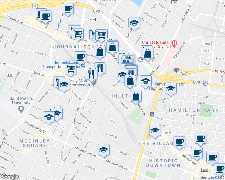 map of restaurants, bars, coffee shops, grocery stores, and more near 65 Magnolia Avenue in Jersey City