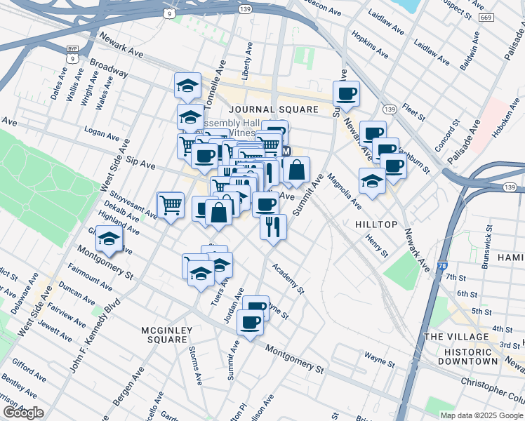 map of restaurants, bars, coffee shops, grocery stores, and more near 111-139 Tuers Avenue in Jersey City