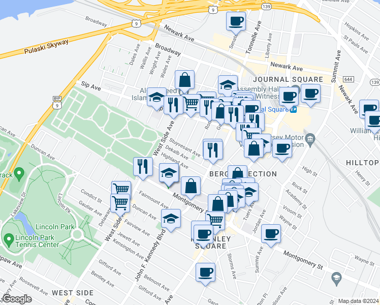 map of restaurants, bars, coffee shops, grocery stores, and more near 98 Dekalb Avenue in Jersey City