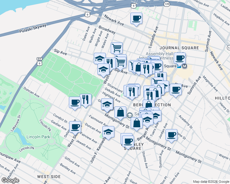 map of restaurants, bars, coffee shops, grocery stores, and more near 100 Dekalb Avenue in Jersey City