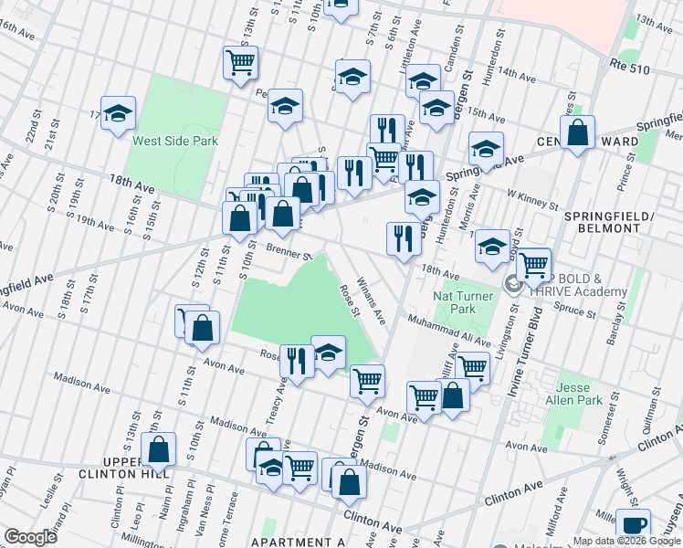 map of restaurants, bars, coffee shops, grocery stores, and more near 287 Rose Street in Newark