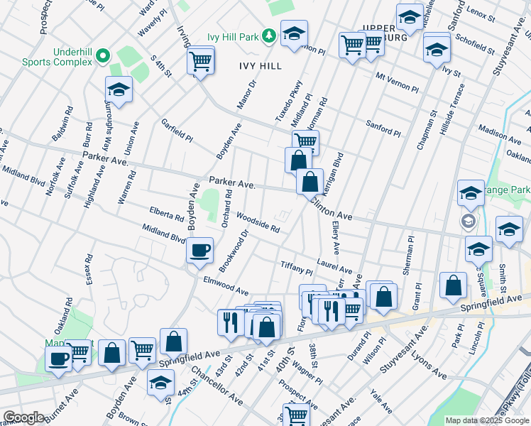 map of restaurants, bars, coffee shops, grocery stores, and more near 89 Woodside Road in Maplewood