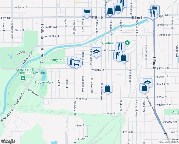 map of restaurants, bars, coffee shops, grocery stores, and more near 714 S Broadway St in Lima