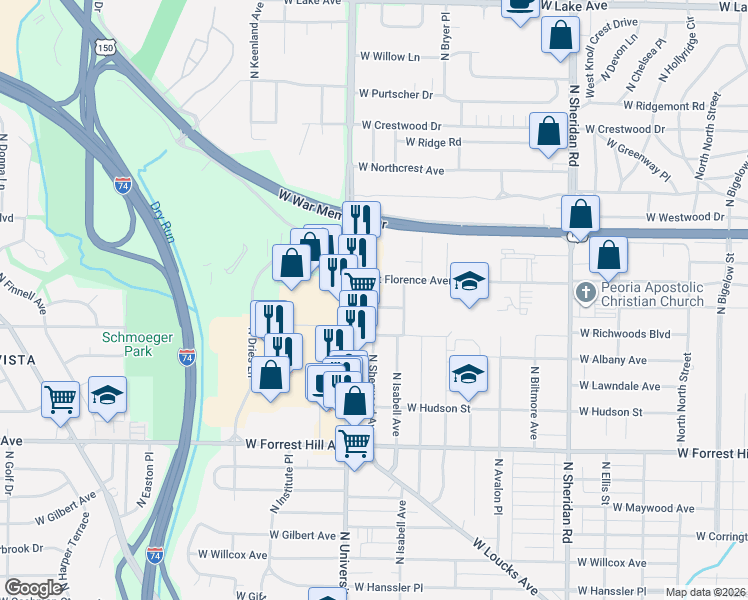 map of restaurants, bars, coffee shops, grocery stores, and more near 1208 West Merle Lane in Peoria