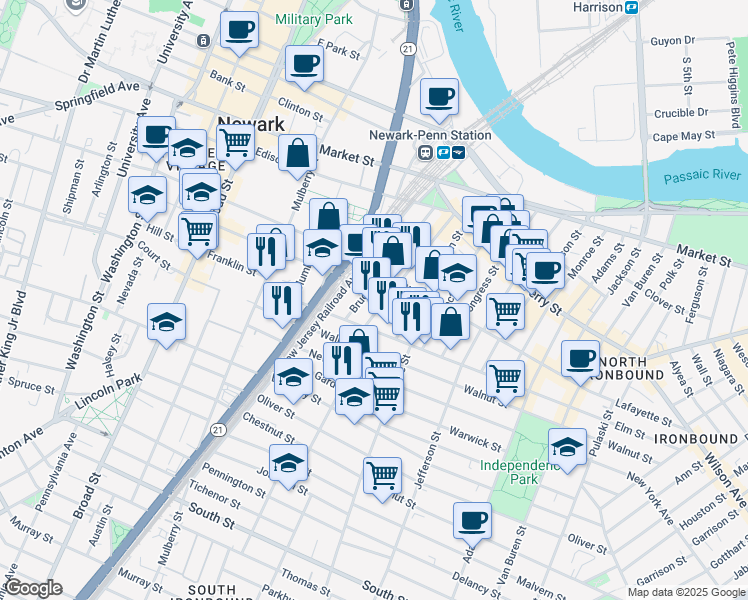 map of restaurants, bars, coffee shops, grocery stores, and more near 142 Green Street in Newark