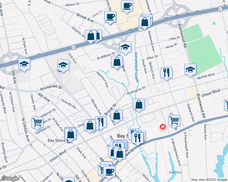 map of restaurants, bars, coffee shops, grocery stores, and more near 6 Harrison Avenue in Bay Shore