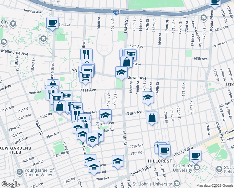 map of restaurants, bars, coffee shops, grocery stores, and more near 71-25 163rd Street in Queens